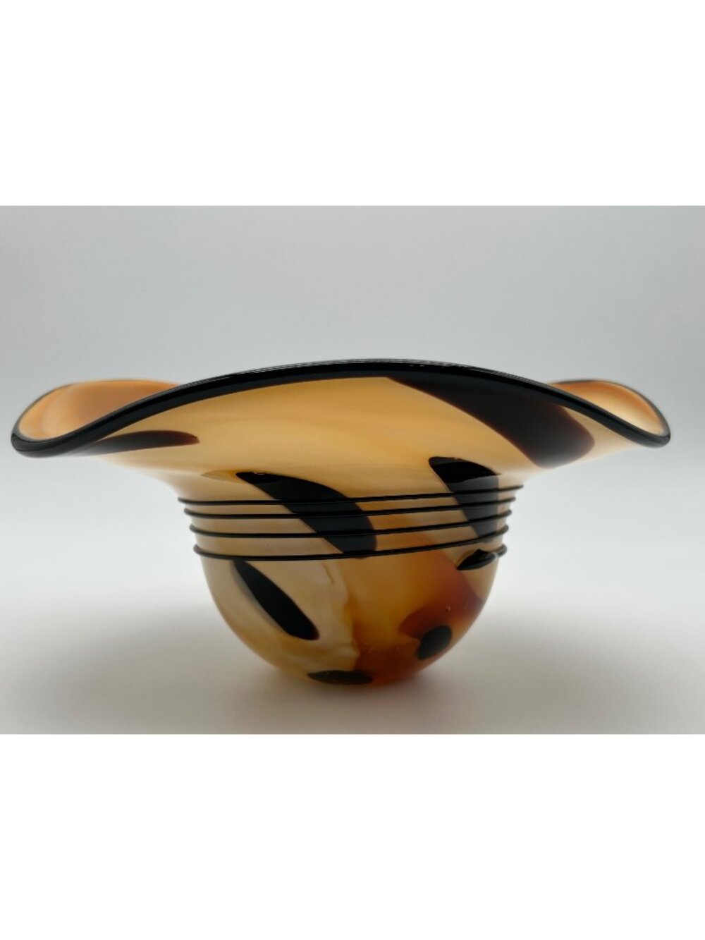 Murano-Style Handblown Art Glass Hat Bowl Amber Black Swirl Candy Trinket Dish